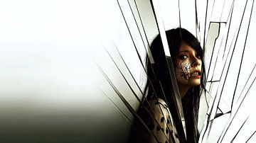 Woman with scars behind a broken mirror by Frank Heinz