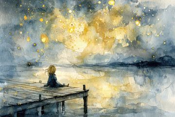 Starry Night by the Water - Dreamy Painting by Peter Pen Drawings and Paintings