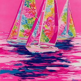 Zomers zeilboten kunstwerk met bloemenzeilen op felroze water van But First Framing