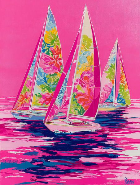 Summer sailboat artwork with floral sails on bright pink water by But First Framing