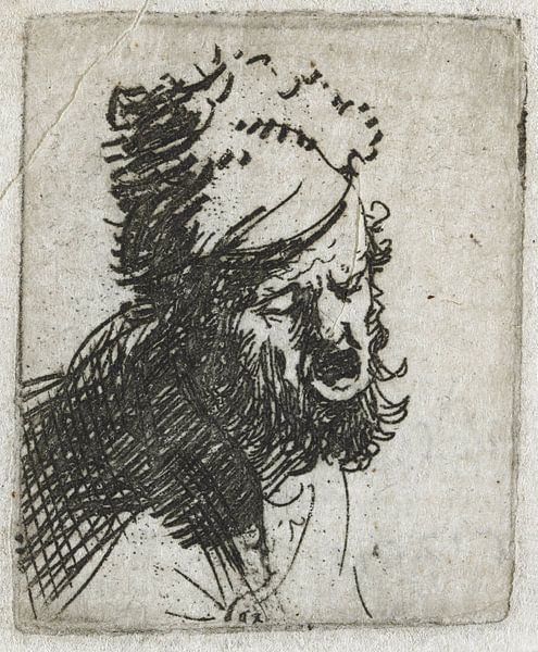 Kopf eines Mannes mit Pelzmütze, schreiend, Rembrandt van Rijn von Ed z'n Schets