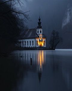 Seeufer, Kirche, Nebel