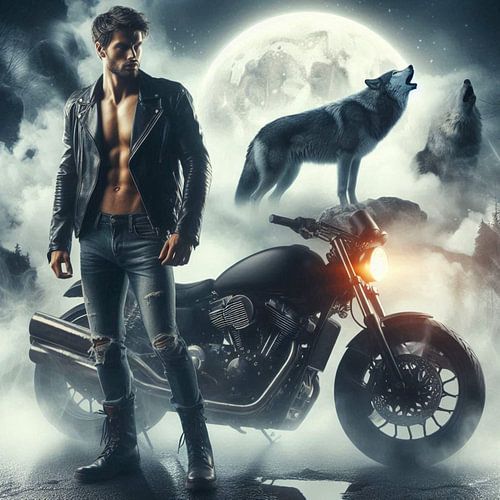 Man met wolf en motor