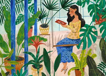 Lecture dans la serre de plantes tropicales sur Caroline Bonne Müller