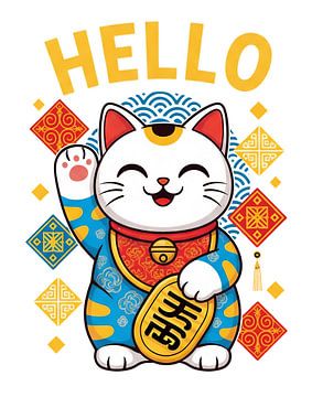 Maneki Neko Illustration with Coin and Geometric Shapes