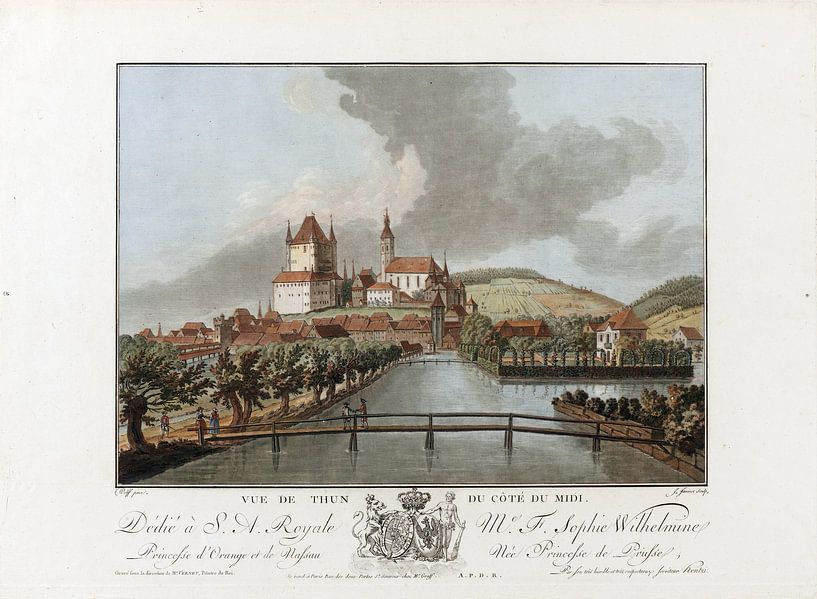Thun, from the south; Colour copper engraving by Atelier Liesjes