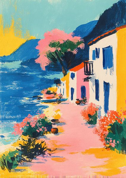 Colourful coastal village gouache in vintage style by Niklas Maximilian