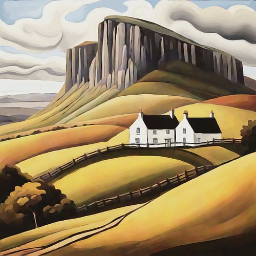 Bijna herfst in vallei met steile platte berg