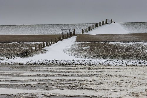 Winterse Waddenzee bij Roptazijl. IJsschotsen drijven op het water van
