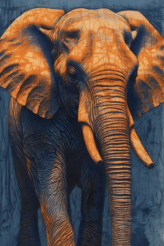Eléphant orange sur bleu