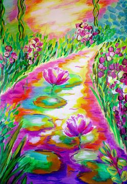Water lelies en bloemen / Claude Monet schilderijen Lotus bloemen in vijver Landschap zomer bloesems Zon Zonsopkomst Reizen Kunst print van Jolanda Bakker