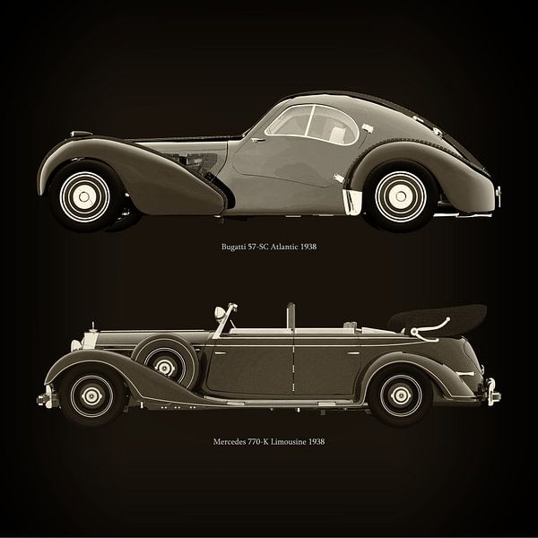 Bugatti 57-SC Atlantic 1938 et Mercedes 770-K Limousine 1938 par Jan Keteleer