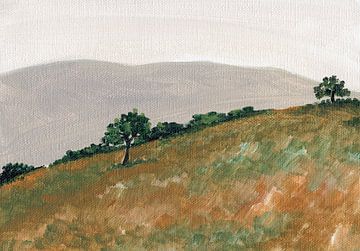 Landschaft mit sanften Hügeln und spärlichen Bäumen