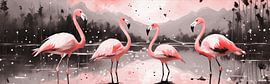 Vier Flamingos in einem Bergsee von Emiel de Lange