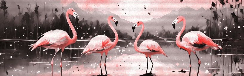 Four flamingos in a mountain lake by Emiel de Lange