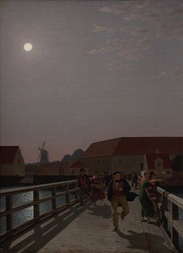 Anton Melbye, Langebro au clair de lune avec des personnages en mouvement, 1836