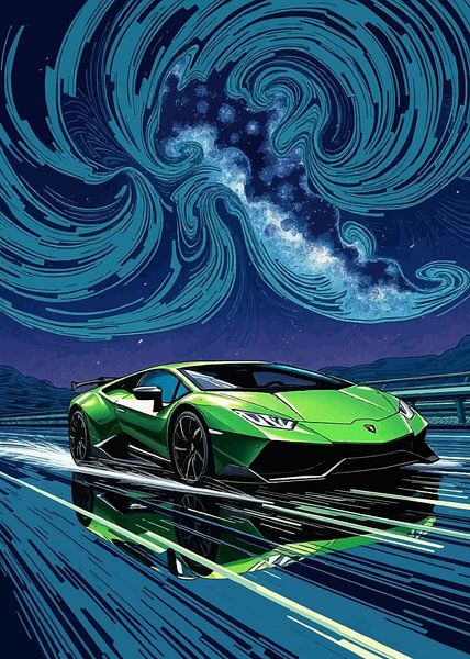 Lamborghini Huracán verte - Excès de vitesse sur route mouillée, ciel de galaxie cosmique par MIROKKU