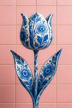 Delft Blue Tulip on Pink Tiles