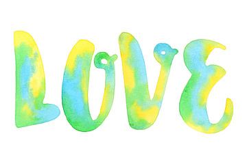 LOVE (vrolijk abstract aquarel schilderij Valentijn typografie liefde verlieft groen blauw geel wit) van Natalie Bruns