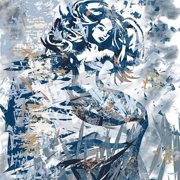 Abstraktes Kunstwerk Meerjungfrau in blauem Holz und weiß von Emiel de Lange