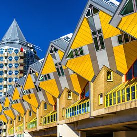 Cube houses in Rotterdam in the late afternoon sun against a clear blue sky. by John Duurkoop