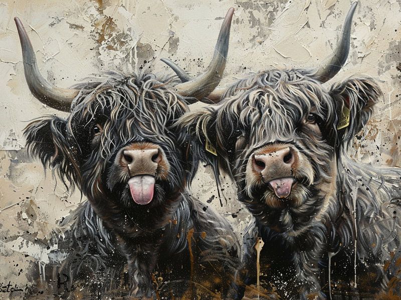 Cheeky highland cattle artwork - Fred &amp; Otto by Shadow Wood Art