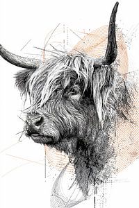 Highlander écossais dans un style artistique minimaliste, en beige et noir
