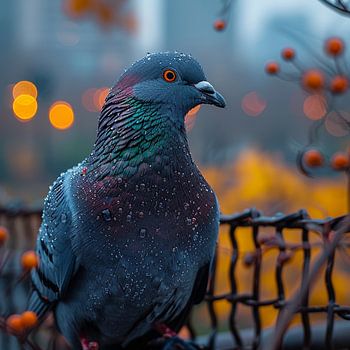 Beautiful Pigeon with Water Droplets on Feathers