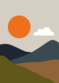 Minimalistische abstrakte Landschaftsbilder mit geometrischen Bergen, Sonne und Wasser in Erdtönen.