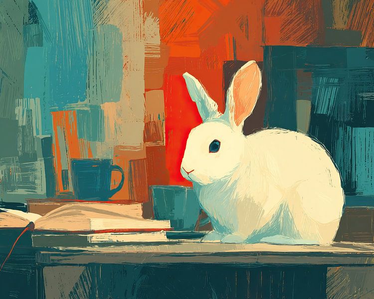 Rabbit on Table by Abstract Painting