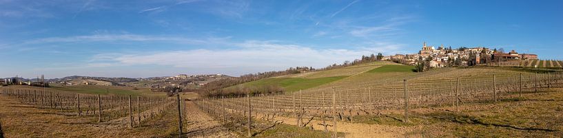 Village avec des rangées de vignes dans les collines du Piémont, Italie par Joost Adriaanse