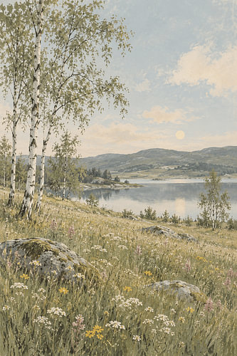 Scandinavische rust: een berkenbos aan de fjord bij zonsopgang