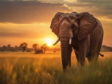 Stattlicher Elefant bei Sonnenuntergang von Patrick Dumee