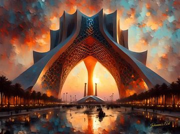 De Azadi-toren, Teheran, Iran bij zonsondergang van Johannas Art Creations