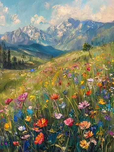 A Vibrant Symphony of Wildflowers Nestled Beneath the High Alpine Peaks