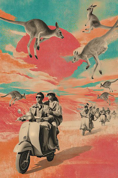 Känguru-Chaos - Retro-Reiseposter-Humor von BowiScapes Abstrakt und digitale Kunst
