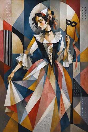 A cubistic painting of an elegant Italian Columbina.