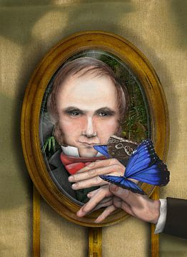 Charles Darwin with a Blue Morpho, Morpho peleides by Urft Valley Art