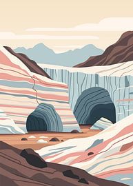 Minimalist flat vector illustration of majestic ice caves and glaciers nestled within rugged mountain valleys. by Adam Khabibi