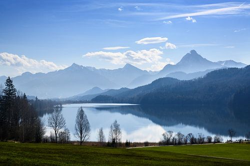 weissensee lake in morning light in front of the mountains of the bavarian alps against a blue sky n