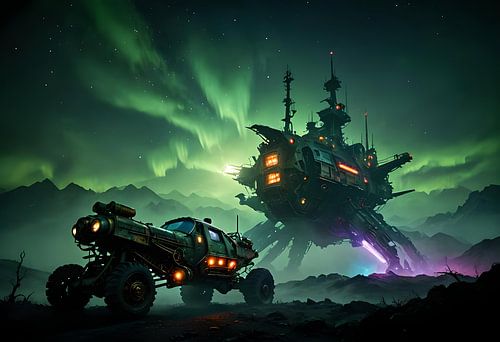 Two spaceships with northern lights