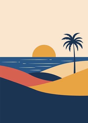 Minimalistische illustraties van natuurlijke, tropische strandlandschappen met palmbomen en zon in aardetinten.