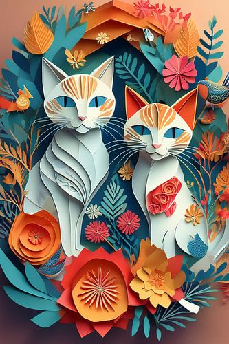 Kleurige katten tussen de bloemen als papierkunst