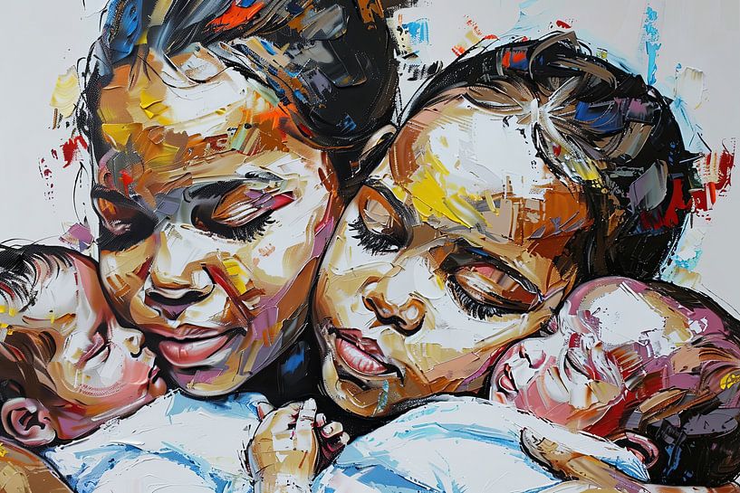 Digitaal abstract schilderachtig portret fictieve vrouw en kinderen van Egon Zitter