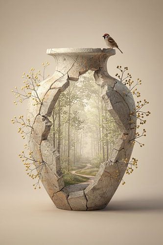 Stilleven landelijk – vaas met licht bos en vogel