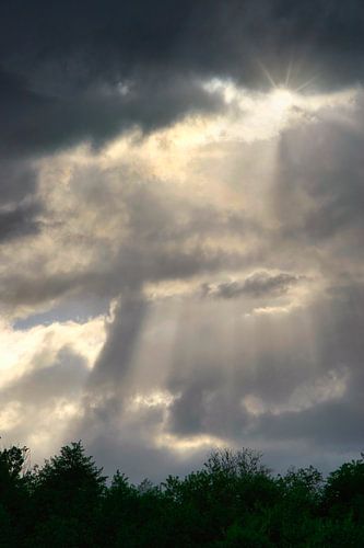 Sunshine Through Dark Stormy Clouds Over The Forest
