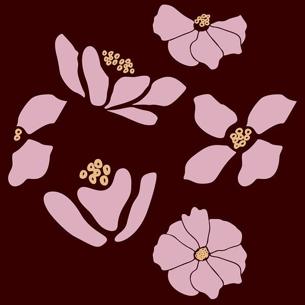 Flower market. Modern botanical art in neon pink on burgundy by Dina Dankers