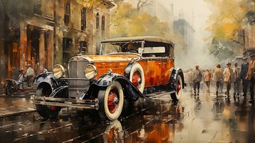 Red old vintage car driving through the streets of a city in the 1920s Painting Art Design by Animaflora PicsStock