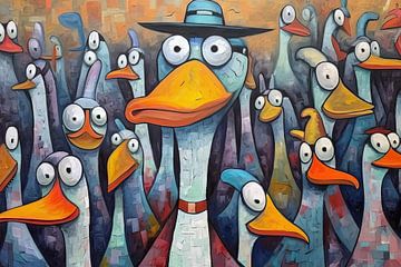 Painting Abstract Ducks | Hat Parade in Duck City by ARTEO Paintings