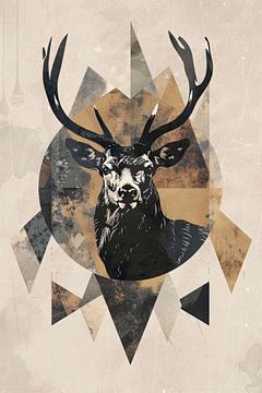 Abstract Deer in Geometric Sepia Shades by De Muurdecoratie